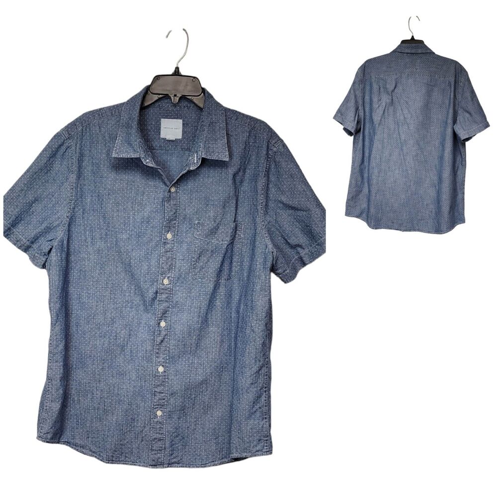 Men AMERICAN EAGLE AE Blue White Denim Chambray Polka Dot Button Up Shirt XL
